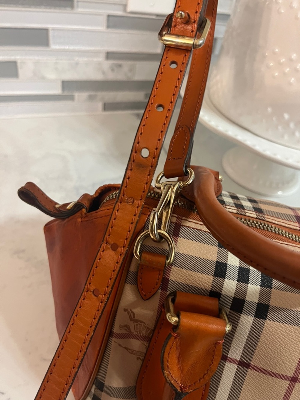 Burberry Orange, Tan & Beige Check Satchel - Picture 9 of 16